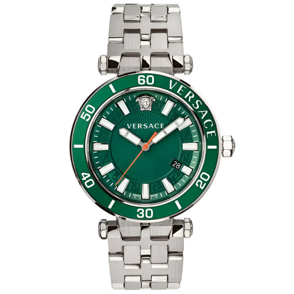 Versace Greca Sport Quartz Green Dial Silver Steel Strap Watch For Men - VEZ300421