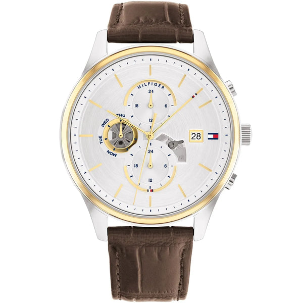 Tommy Hilfiger Weston Brown Leather Strap Silver Dial Chronograph Quartz Watch for Men - 1710501