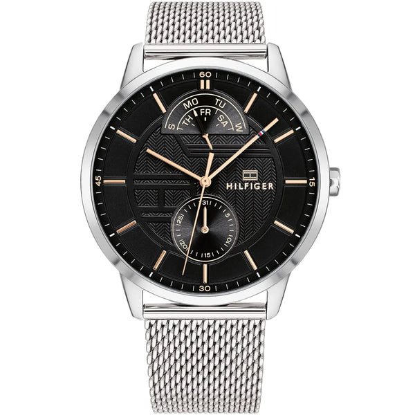 Tommy Hilfiger Hunter Quartz Black Dial Silver Steel Strap Watch for Men - 1791610