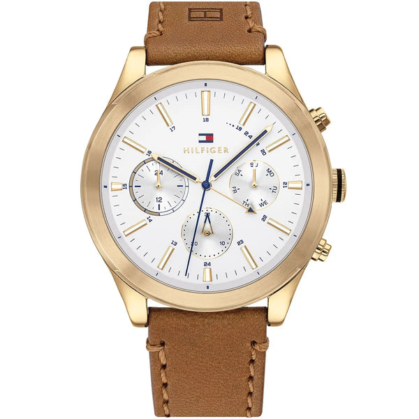 Tommy Hilfiger Ashton Brown Leather Strap Silver Dial Chronograph Quartz Watch for Mens - 1791742
