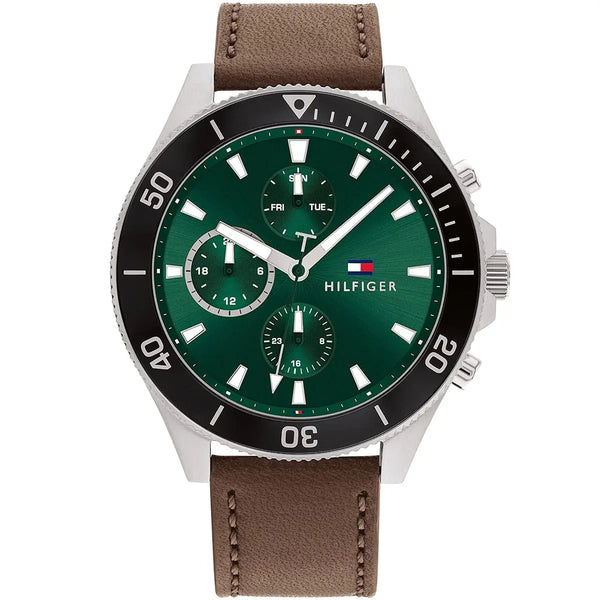 Tommy Hilfiger Larson Chronograph Green Dial Brown Leather Strap Watch For Men - 1791983