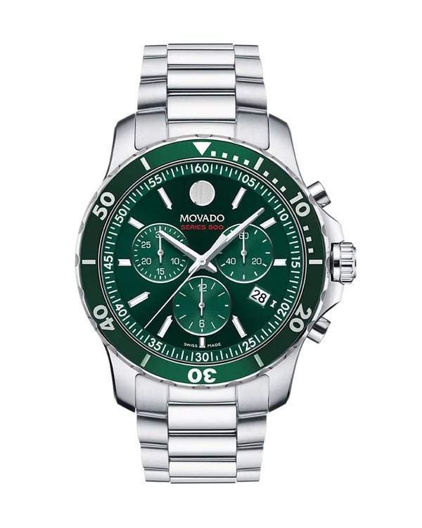 Movado Series 800 Chronograph Green Dial Silver Steel Strap Watch for Men -2600179