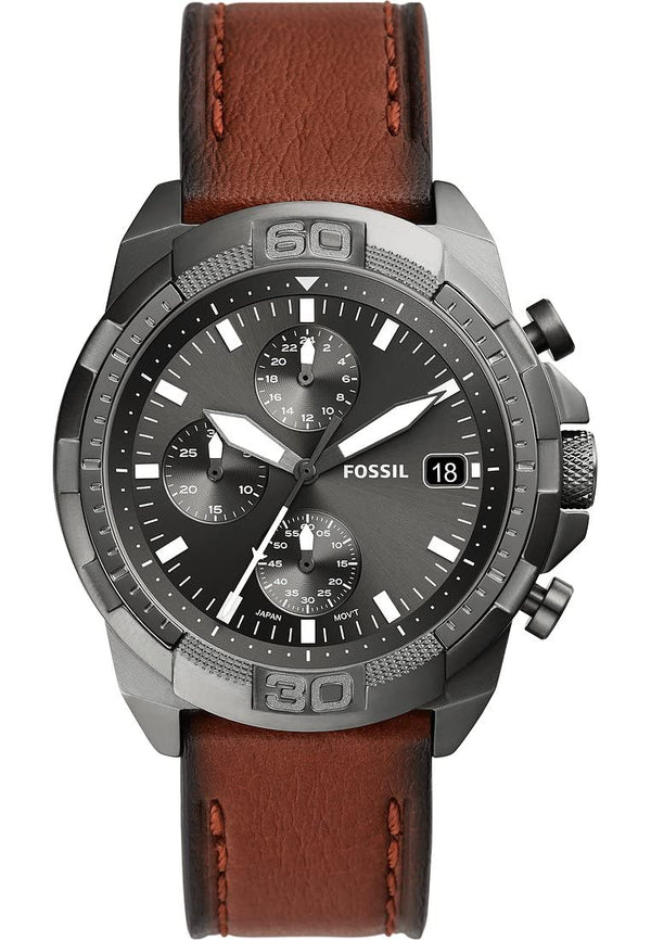 Fossil Bronson Chronograph Grey Dial Brown Leather Strap Watch for Men - FS5855