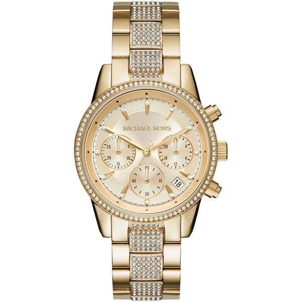 Michael Kors Ritz Chronograph Gold Dial Gold Steel Strap Watch For Women - MK6484