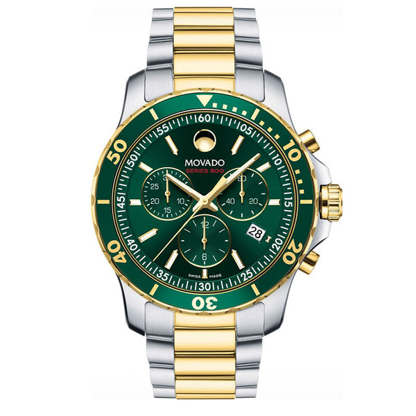 Movado Series 800 Chronograph Green Dial Two Tone Steel Strap Watch For Men - 2600148