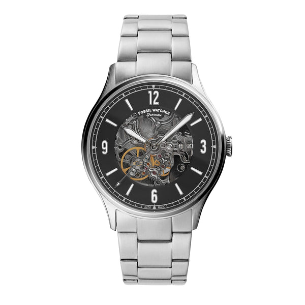 Fossil  Black Dial Silver Steel Strap Watch for Men - ME3180