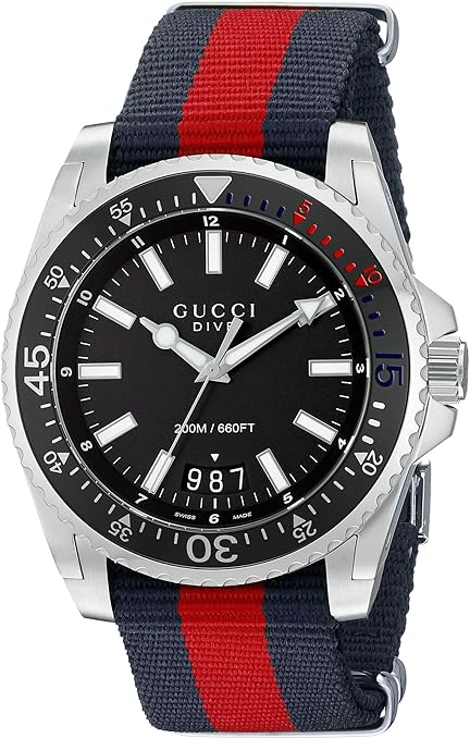 Gucci Dive Black Dial Red & Blue Nylon Strap Watch For Men - YA136210