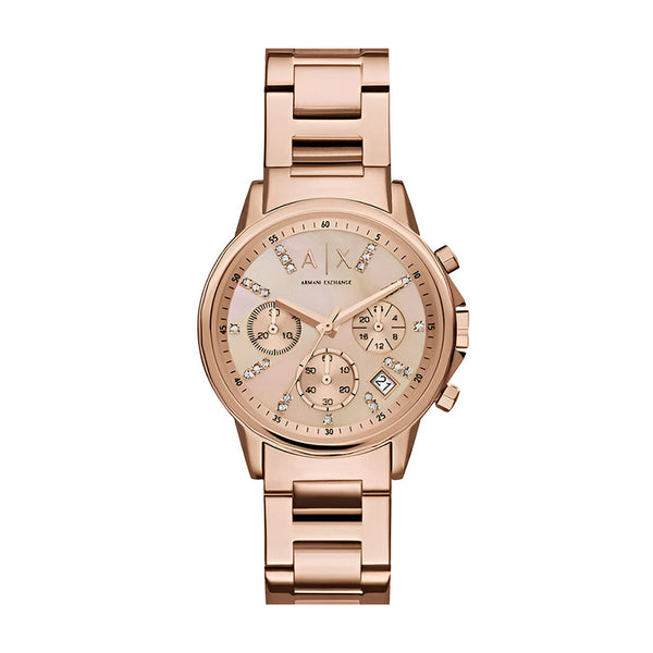 Armani Exchange Lady Banks Chronograph Rose Gold Dial Metal Belt With Rose Gold Color Watch For Women AX4326