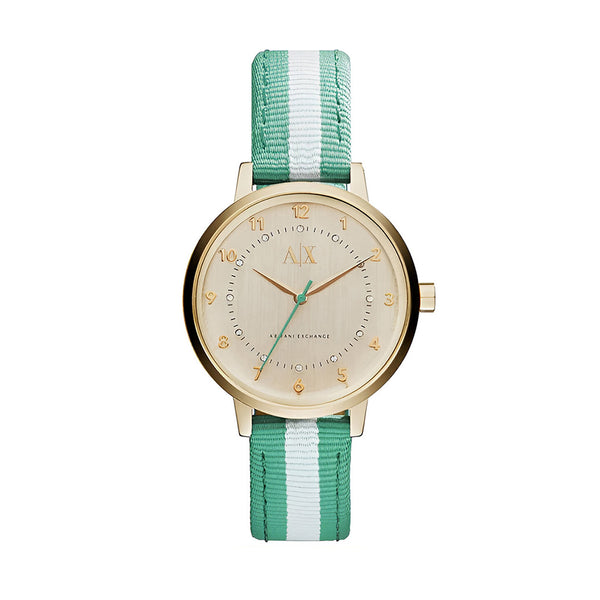 Armani Exchange Payton Gold Dial Fibers Belt With Multicolor Red Color Watch For Women AX5365