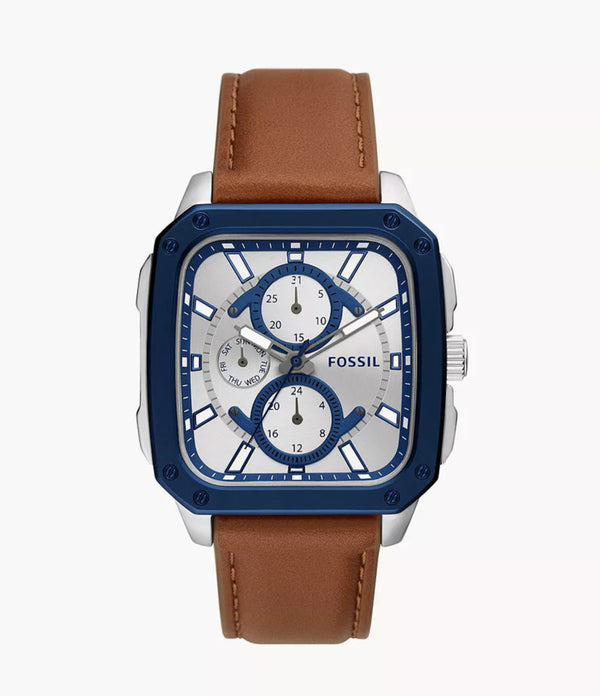 Fossil Inscription Multifunction Silver Dial Brown Leather Strap Watch for Men - BQ2658