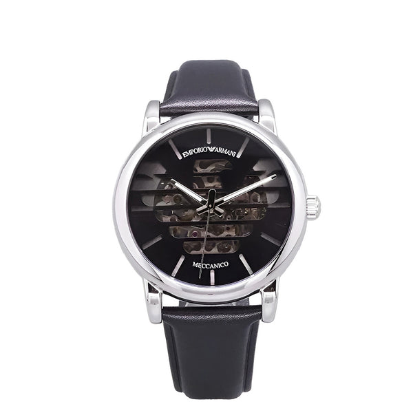 Emporio Armani Analog Automatic Black Dial Black Leather Strap Watch For Men - AR60040