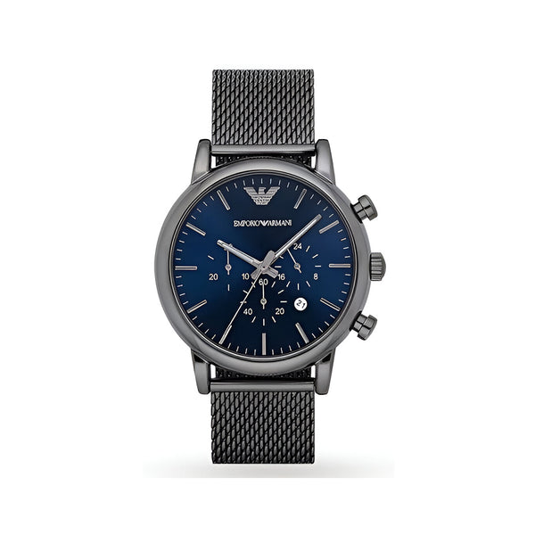 Emporio Armani Chronograph Blue Dial Gun Metallic Mesh Bracelet Watch For Men - AR1979