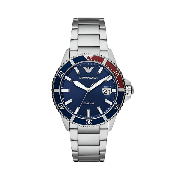 Emporio Armani Diver Quartz Blue Dial Silver Steel Strap Watch For Men - AR11339