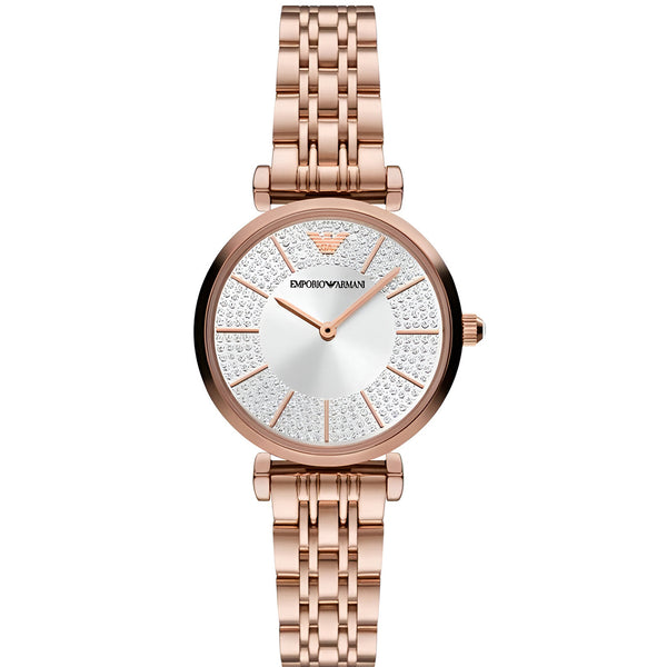 Emporio Armani Gianni T-Bar Crystals Silver Dial Rose Gold Steel Strap Watch For Women - AR11446