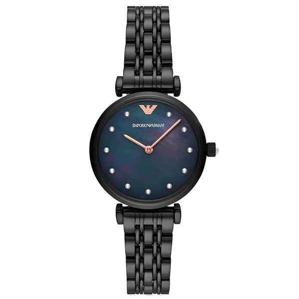 Emporio Armani Gianni T-Bar Quartz Black Mother of Pearl Dial Black Steel Strap Watch For Women - AR11268