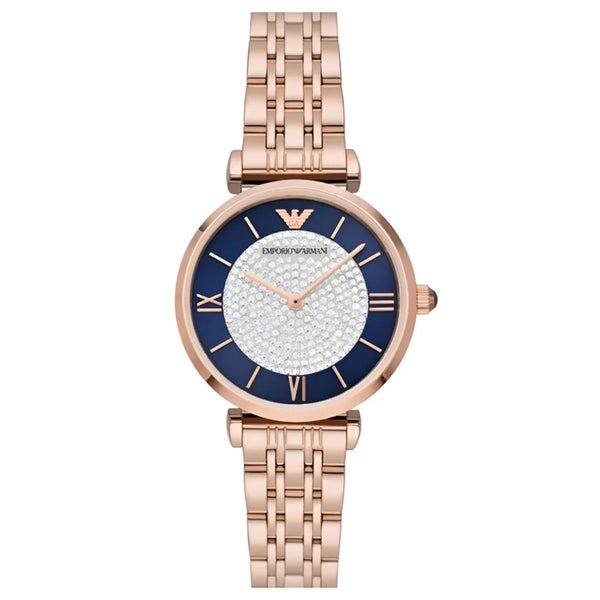 Emporio Armani Gianni T-Bar Quartz Crystals Black Dial Gold Steel Strap Watch For Women - AR11423