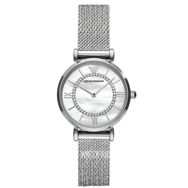 Emporio Armani Gianni T-Bar Quartz Mother of Pearl Dial Silver Mesh Bracelet Watch For Women - AR11319