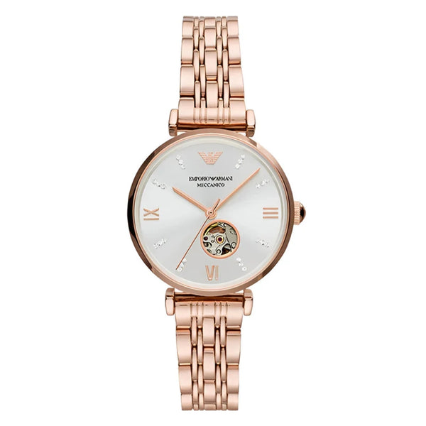 Emporio Armani Gianni T-Bar Silver Dial Rose Gold Steel Strap Watch For Women - AR60023