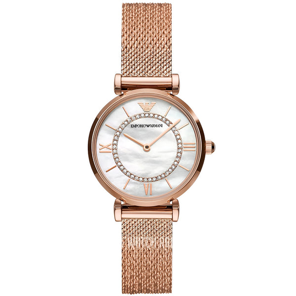 Emporio Armani Gianni T Bar Mother of Pearl Dial Rose Gold Mesh Bracelet Watch For Women - AR11320