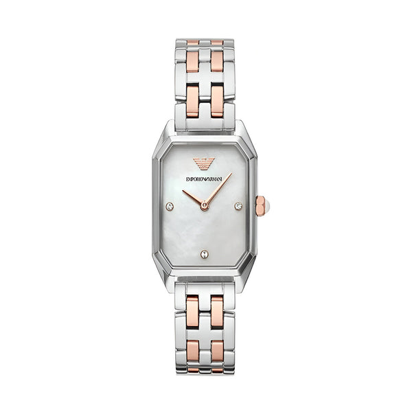 Emporio Armani Gianni T Bar Mother of Pearl Dial Two Tone Steel Strap Watch For Women - AR11146