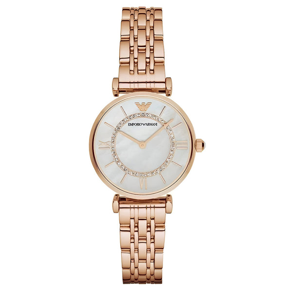 Emporio Armani Gianni T Bar Mother of Pearl Rose Gold Stainless Steel Strap Watch For Women - AR1909