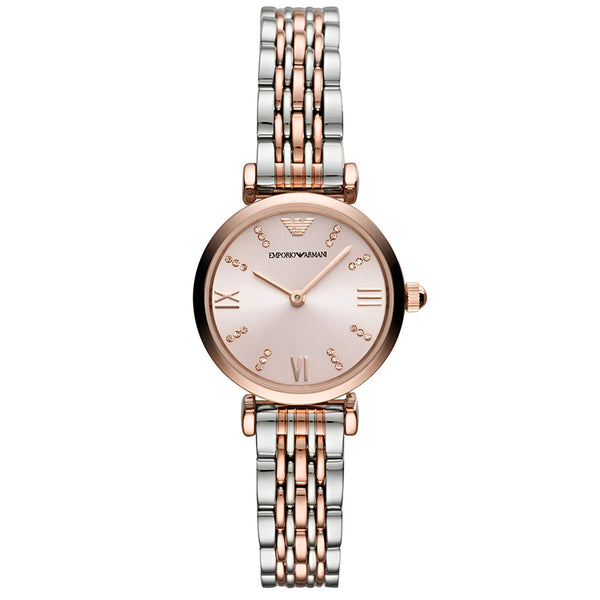 Emporio Armani Gianni T Bar Pink Dial Two Tone Steel Strap Watch For Women - AR11223