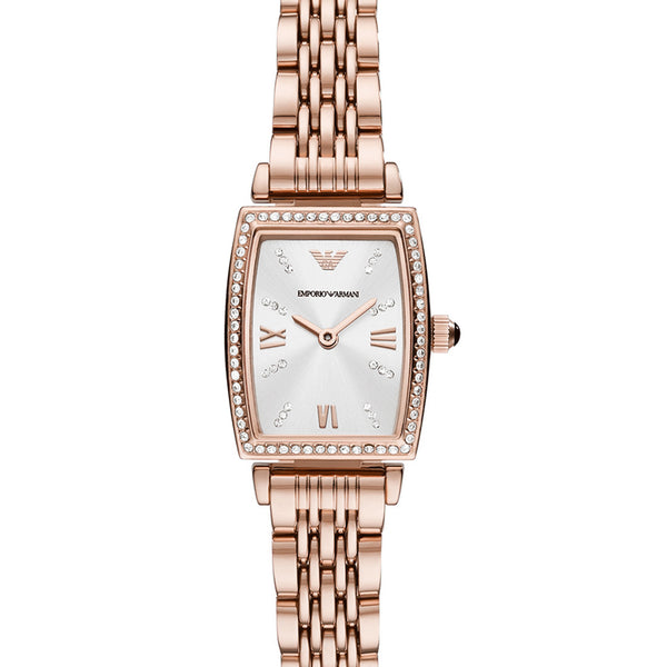Emporio Armani Gianni T Bar Quartz Crystals White Dial Rose Gold Steel Strap Watch For Women - AR11406