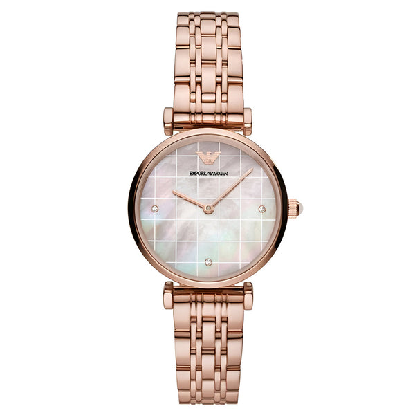 Emporio Armani Gianni T Bar Quartz Mother of Pearl Dial Rose Gold Steel Strap Watch For Women - AR11385