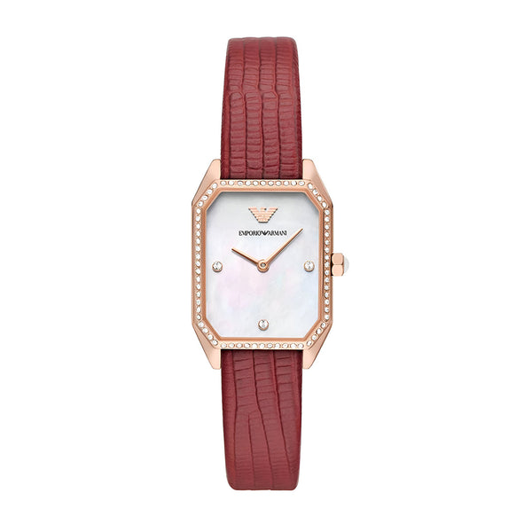 Emporio Armani Gianni T Bar Two-Hand Mother of Pearl Dial Red Leather Strap Watch For Women - AR11467