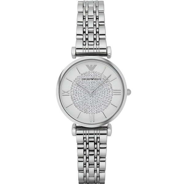 Emporio Armani Gianni T Bar White Crystal Pave Dial Silver Stainless Steel Strap Watch For Women - AR1925