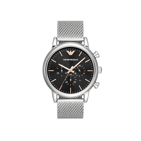 Emporio Armani Luigi Chronograph Quartz Black Dial Silver Mesh Bracelet Watch For Men - AR11429