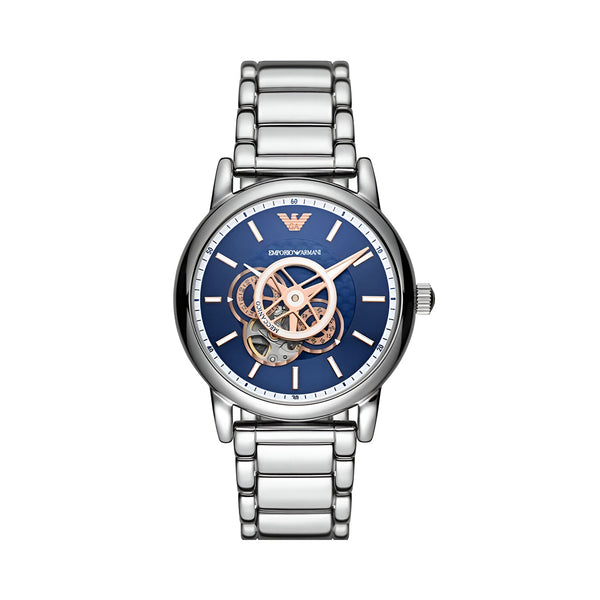 Emporio Armani Luigi Chronograph Skeleton Blue Dial Silver Steel Strap Watch For Men - AR60036