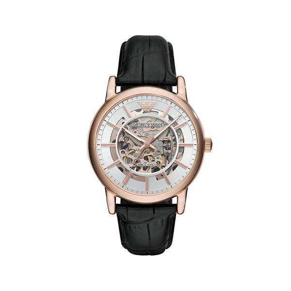 Emporio Armani Luigi Skeleton Silver Dial Black Leather Strap Watch For Men - AR60007
