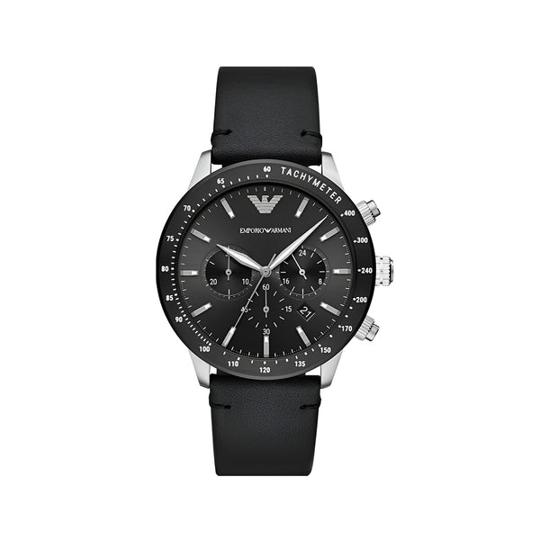 Emporio Armani Mario Chronograph Black Dial Black Leather Strap Watch For Men - AR11243