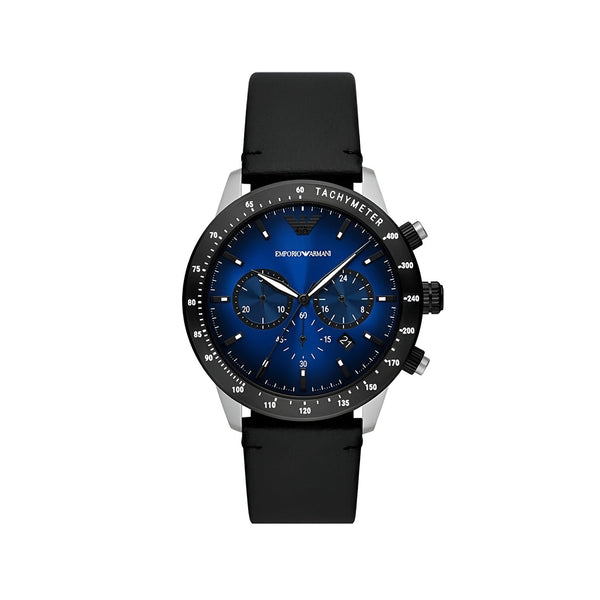 Emporio Armani Mario Chronograph Blue Dial Black Leather Strap Watch For Men - AR11522