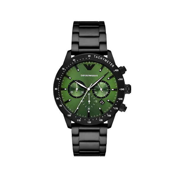 Emporio Armani Mario Chronograph Green Dial Black Steel Strap Watch For Men - AR11472