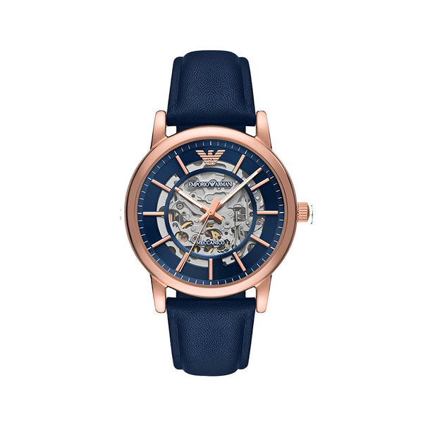 Emporio Armani Meccanico Automatic Blue Dial Blue Leather Strap Watch For Men - AR60050