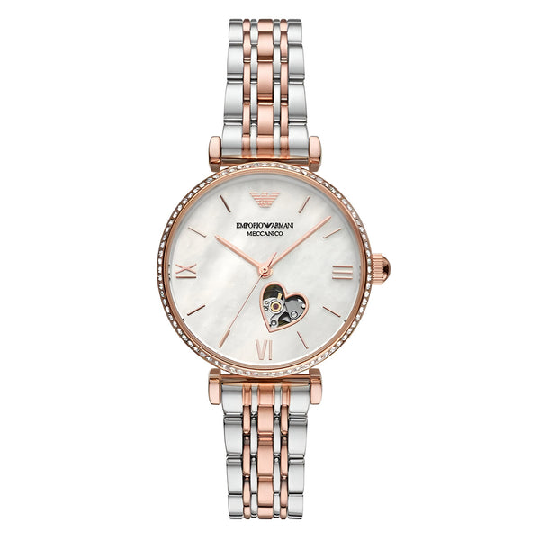 Emporio Armani Meccanico Automatic Mother of Pearl Dial Two Tone Steel Strap Watch For Women - AR60049