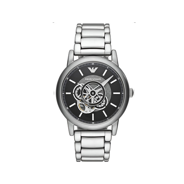 Emporio Armani Meccanico Automatic Skeleton Black Dial Silver Steel Strap Watch For Men - AR60021
