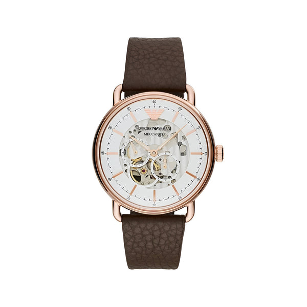 Emporio Armani Meccanico Automatic White Dial Brown Leather Strap Watch For Men - AR60027