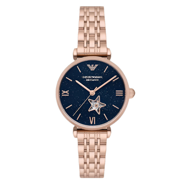 Emporio Armani Meccanico Crystals Black Dial Rose Gold Steel Strap Watch For Women - AR60043