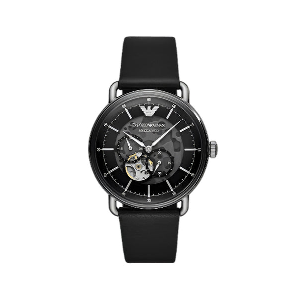 Emporio Armani Meccanico Skeleton Black Dial Black Leather Strap Watch For Men - AR60026