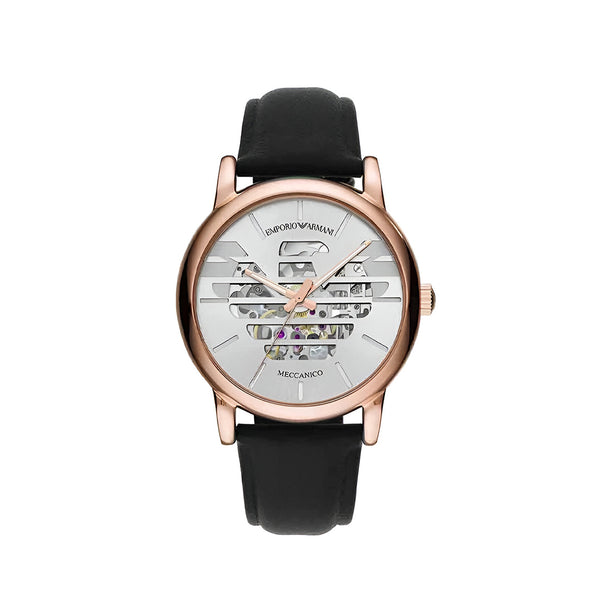 Emporio Armani Meccanico Skeleton Silver Dial Black Leather Strap Watch For Men - AR60031