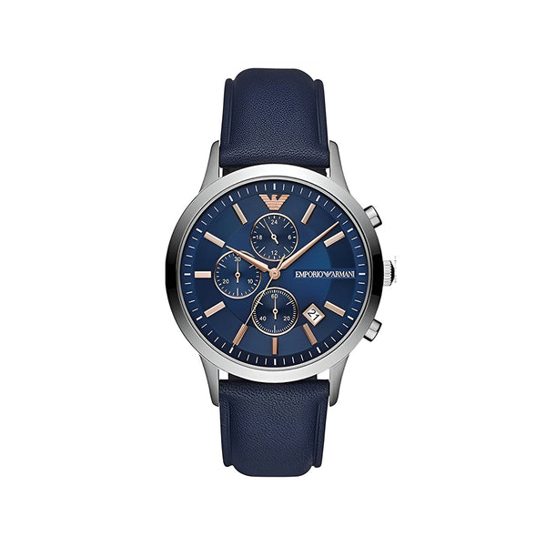 Emporio Armani Renato Chronograph Blue Dial Black Leather Strap Watch For Men - AR11216