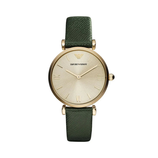 Emporio Armani Retro Champagne Beige Dial Green Leather Strap Watch For Women - AR1726