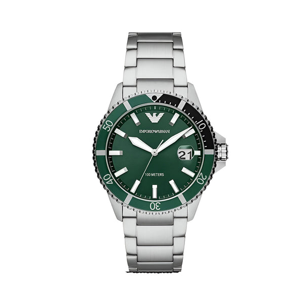 Emporio Armani Three Hand Green Dial Silver Steel Strap Watch For Men - AR11338