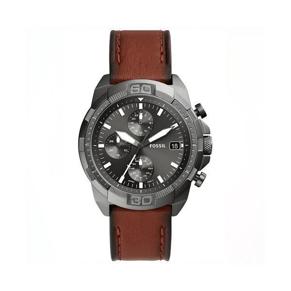 Fossil Bronson Chronograph Grey Dial Brown Leather Strap Watch for Men - FS5855