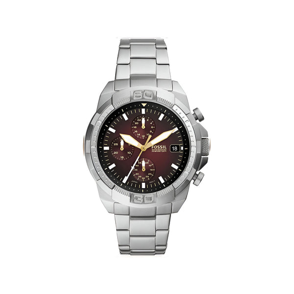 Fossil Bronson Chronograph Red Dial Silver Steel Strap Watch for Men - FS5878