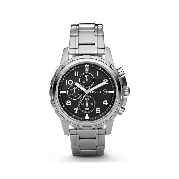 Fossil Dean Chronograph Black Dial Silver Steel Strap Watch for Men - FS4542