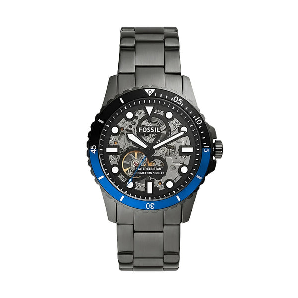 Fossil FB-01 Automatic Skeleton Black Dial Grey Steel Strap Watch for Men - ME3201